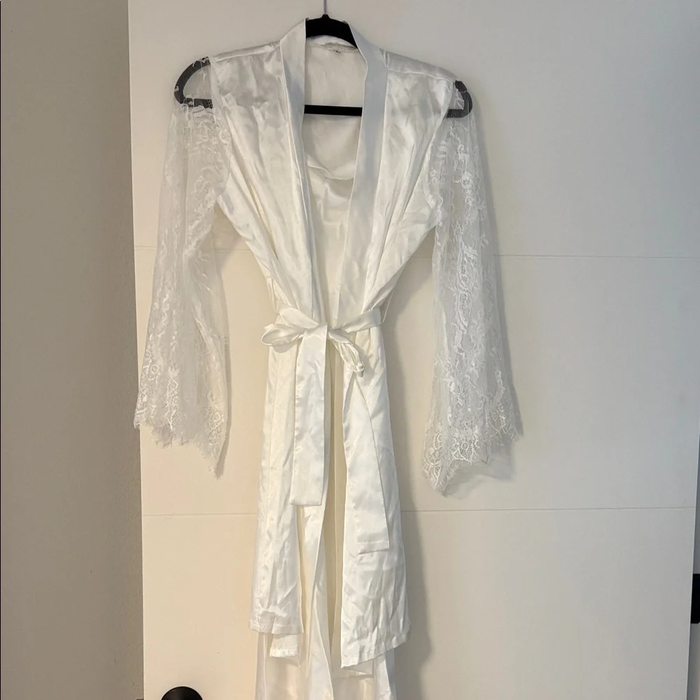 Luxurious Satin Lace Robe with slip dress in White